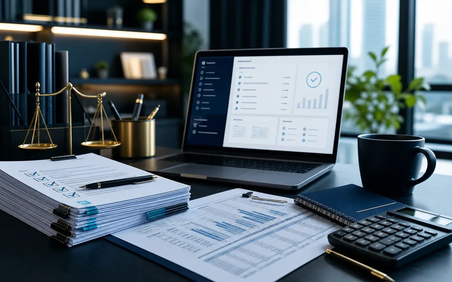 Meja kerja finance dengan dashboard pajak dan dokumen rekonsiliasi Coretax